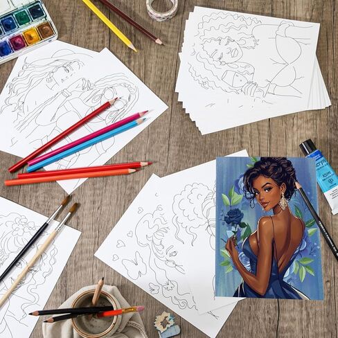Tenceur 24 Pcs Black Women Pre Printed Coloring Cards 5X 7 Inch Pre Painting Card Stylish Coloring Pages Bulk Sip and Paint Outline Canvas Paint Party Favor Artist Beginners in Saudi Arabia