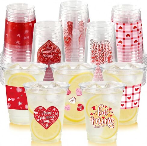 50Pcs Valentine's Day Party Decoration Cups, 12oz Pink Red Valentine's Day Heart Disposable Clear Plastic Cup for Valentines Day Birthday Wedding Drinkware Beverage Drinks Party Decor Supplies in Saudi Arabia