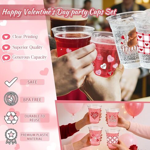 50Pcs Valentine's Day Party Decoration Cups, 12oz Pink Red Valentine's Day Heart Disposable Clear Plastic Cup for Valentines Day Birthday Wedding Drinkware Beverage Drinks Party Decor Supplies in Saudi Arabia