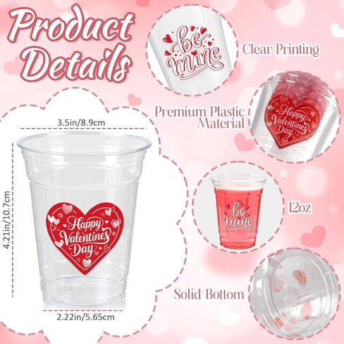 50Pcs Valentine's Day Party Decoration Cups, 12oz Pink Red Valentine's Day Heart Disposable Clear Plastic Cup for Valentines Day Birthday Wedding Drinkware Beverage Drinks Party Decor Supplies in Saudi Arabia