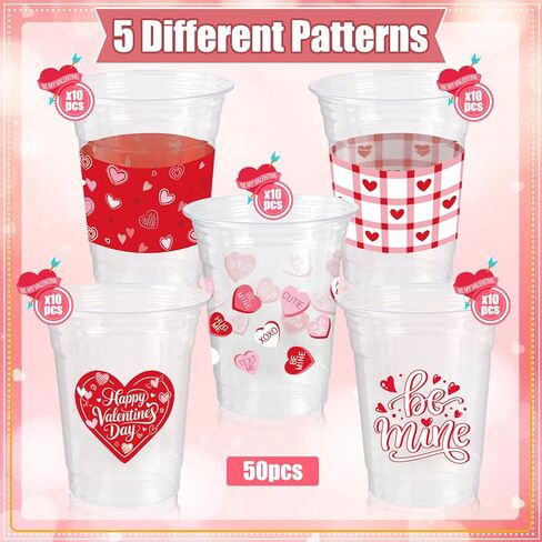 50Pcs Valentine's Day Party Decoration Cups, 12oz Pink Red Valentine's Day Heart Disposable Clear Plastic Cup for Valentines Day Birthday Wedding Drinkware Beverage Drinks Party Decor Supplies in Saudi Arabia