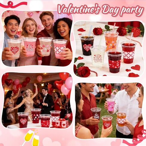 50Pcs Valentine's Day Party Decoration Cups, 12oz Pink Red Valentine's Day Heart Disposable Clear Plastic Cup for Valentines Day Birthday Wedding Drinkware Beverage Drinks Party Decor Supplies in Saudi Arabia