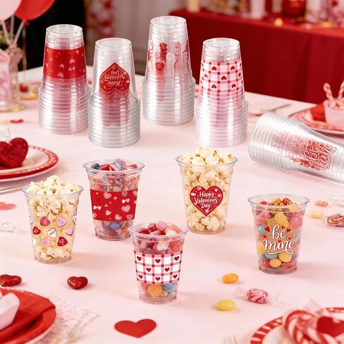 50Pcs Valentine's Day Party Decoration Cups, 12oz Pink Red Valentine's Day Heart Disposable Clear Plastic Cup for Valentines Day Birthday Wedding Drinkware Beverage Drinks Party Decor Supplies in Saudi Arabia