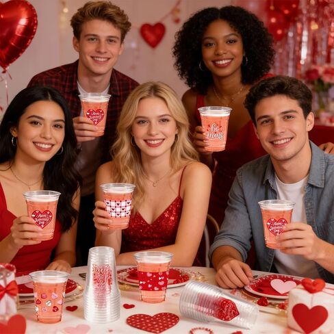 50Pcs Valentine's Day Party Decoration Cups, 12oz Pink Red Valentine's Day Heart Disposable Clear Plastic Cup for Valentines Day Birthday Wedding Drinkware Beverage Drinks Party Decor Supplies in Saudi Arabia