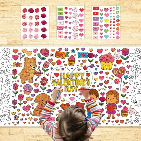 4E's Novelty 104 Pcs Giant Valentine Color Tablecloth Poster 30x72, with 103 Stickers, Huge DIY Valentines Day Coloring Table Coth Valentines Kids Party Games Activities Crafts for Kids Classroom in Saudi Arabia