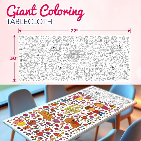 4E's Novelty 104 Pcs Giant Valentine Color Tablecloth Poster 30x72, with 103 Stickers, Huge DIY Valentines Day Coloring Table Coth Valentines Kids Party Games Activities Crafts for Kids Classroom in Saudi Arabia