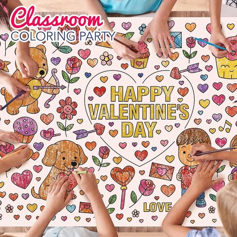 4E's Novelty 104 Pcs Giant Valentine Color Tablecloth Poster 30x72, with 103 Stickers, Huge DIY Valentines Day Coloring Table Coth Valentines Kids Party Games Activities Crafts for Kids Classroom in Saudi Arabia