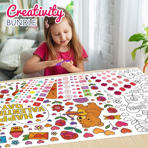 4E's Novelty 104 Pcs Giant Valentine Color Tablecloth Poster 30x72, with 103 Stickers, Huge DIY Valentines Day Coloring Table Coth Valentines Kids Party Games Activities Crafts for Kids Classroom in Saudi Arabia