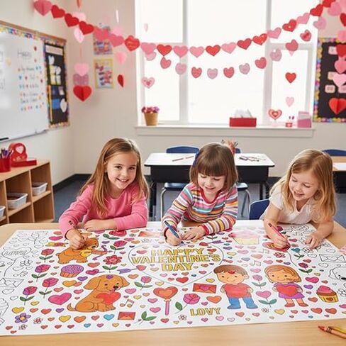4E's Novelty 104 Pcs Giant Valentine Color Tablecloth Poster 30x72, with 103 Stickers, Huge DIY Valentines Day Coloring Table Coth Valentines Kids Party Games Activities Crafts for Kids Classroom in Saudi Arabia
