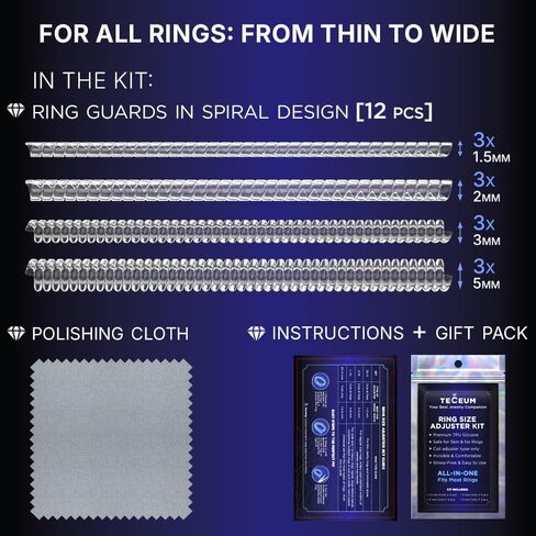 TECEUM Ring Size Adjuster for Loose Rings – All-in-One Kit For Most Ring Widths – Fits 1.5-6mm Band Width – Set of 12 Spiral Guards – Invisible Spacers from Thin to Wide Bands in Kuwait