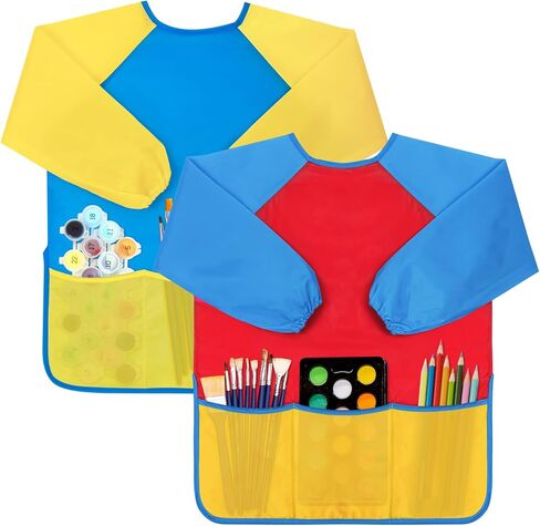 Bassion 2 Pack Kids Art Smock، مرايل رسم للأطفال الصغار ملونة مقاومة للماء للأطفال مع أكمام طويلة 3 جيوب واسعة لهدايا للأعمار من 2 إلى 8 سنوات (أزرق وردي أصفر) in Kuwait