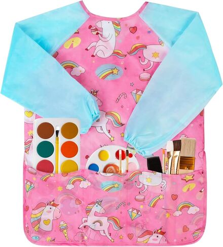 Bassion 2 Pack Kids Art Smock، مرايل رسم للأطفال الصغار ملونة مقاومة للماء للأطفال مع أكمام طويلة 3 جيوب واسعة لهدايا للأعمار من 2 إلى 8 سنوات (أزرق وردي أصفر) in Kuwait