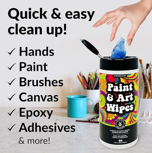 Paint and Art Wipes, Heavy-Duty Cleaner for Paint, Epoxy, Glue, Latex & Acrylic Stains, 1 Pack (50 Wipes), Safe for Hands, Brushes, Plastic, Metal, Wood & Floors in Saudi Arabia