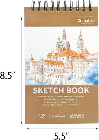 كتاب رسم صغير من كريهاتوس مقاس 5.5 بوصة × 8.5 بوصة، لوحة رسم حلزونية علوية، 100 ورقة لكل ورق رسم 68 رطل/100 جرام في المتر المربع، عبوتان in Kuwait