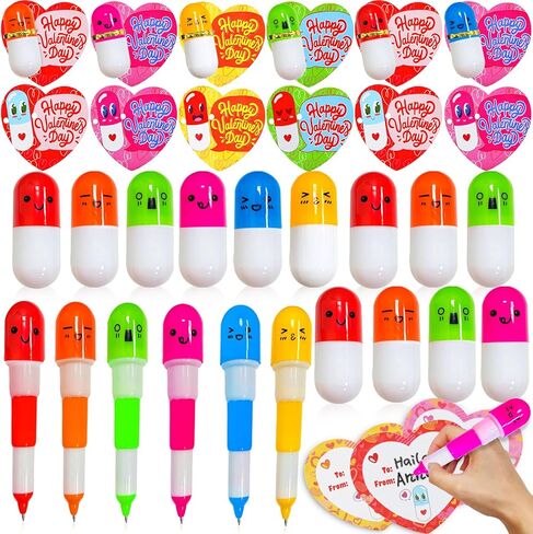 28 Pack Valentines Day Gifts for Kids Classroom with Retractable Pens, Valentines Day Cards for Kids School Class Prizes Valentine Classroom Exchange Gift Boys Girls Valentine Stationery Party Favors in Saudi Arabia