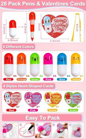 28 Pack Valentines Day Gifts for Kids Classroom with Retractable Pens, Valentines Day Cards for Kids School Class Prizes Valentine Classroom Exchange Gift Boys Girls Valentine Stationery Party Favors in Saudi Arabia