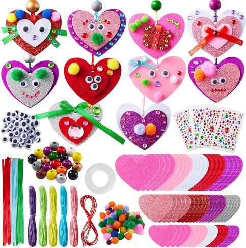 JOYIN Valentines Day 264 Pcs DIY Heart Felt Craft Set, Felt & Glitter Hearts & Wooden Beads & Plastic Eyes & Colorful Paper Ropes for Valentine's Day Kids Craft Party Classroom Ornaments Decorations in Saudi Arabia