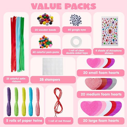 JOYIN Valentines Day 264 Pcs DIY Heart Felt Craft Set, Felt & Glitter Hearts & Wooden Beads & Plastic Eyes & Colorful Paper Ropes for Valentine's Day Kids Craft Party Classroom Ornaments Decorations in Saudi Arabia