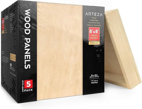 Arteza Wooden Canvas Board, 8x8 Inch, Pack of 5, Birch Wood, Cradled Artist Wood Panels for Painting, Encaustic Art, Wood Burning, Pouring, Use with Oils, Acrylics in Saudi Arabia