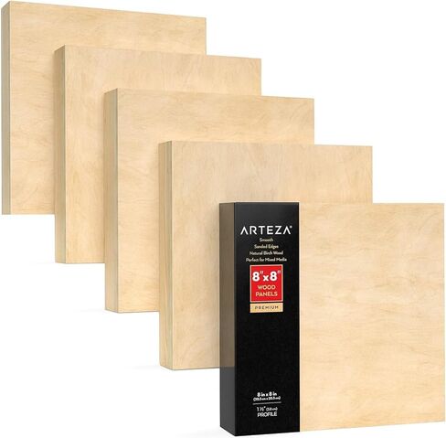 Arteza Wooden Canvas Board, 8x8 Inch, Pack of 5, Birch Wood, Cradled Artist Wood Panels for Painting, Encaustic Art, Wood Burning, Pouring, Use with Oils, Acrylics in Saudi Arabia