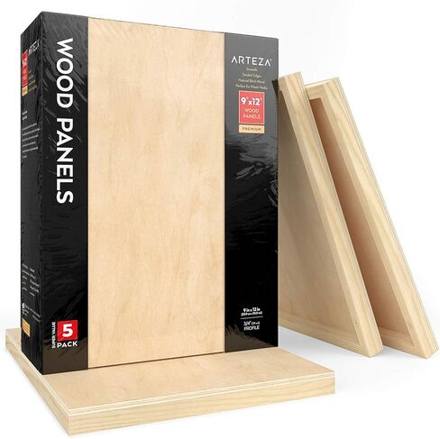 Arteza Wooden Canvas Board, 8x8 Inch, Pack of 5, Birch Wood, Cradled Artist Wood Panels for Painting, Encaustic Art, Wood Burning, Pouring, Use with Oils, Acrylics in Saudi Arabia