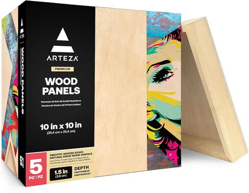 Arteza Wooden Canvas Board, 8x8 Inch, Pack of 5, Birch Wood, Cradled Artist Wood Panels for Painting, Encaustic Art, Wood Burning, Pouring, Use with Oils, Acrylics in Saudi Arabia