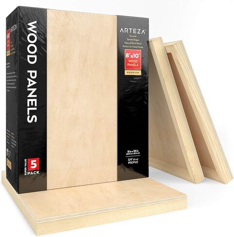 Arteza Wooden Canvas Board, 8x8 Inch, Pack of 5, Birch Wood, Cradled Artist Wood Panels for Painting, Encaustic Art, Wood Burning, Pouring, Use with Oils, Acrylics in Saudi Arabia