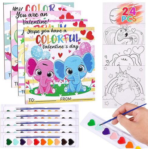 24 Pack Valentines Day Gifts for School Class Gift Exchanges Kids Watercolor Paint Set with 4 x 4Inch Canvases Water Color Kids Paint Set for Toddlers Preschool Classroom Valentines Gift Party Favor in Saudi Arabia