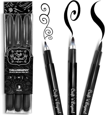 مجموعة أقلام فرشاة Craft 'n' Beyond Calligraphy مكونة من 3 أقلام تحديد صغيرة ومتوسطة وكبيرة للحروف اليدوية والرسم الفني والرسم وسجل القصاصات والكتابة والمذكرات - مجموعة للمبتدئين مع حبر أسود مقاوم للبهتان in Kuwait