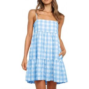 LPCBDEE Womens Plaid A-line Dresses Shoulder Straps Ruffle Hem Casual Mini Dress with Side Pocket in Kuwait