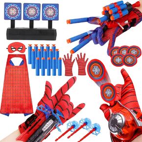 3 Sets Spider Web Shooters Valentines Day for Kids Easter Basket Stuffers Wrist Launcher Toys with Hero Gloves Auto Resetting Boards Spider Cape and Mask Cosplay Costume for Kids Birthday Party in Saudi Arabia