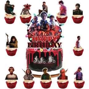 13 Pcs Stranger TV Cake Decorations with 12pcs Cupcake Toppers, 1pcs Happy Birthday Cake Topper, Perfect for Theme Party and Birthday Celebrations in Saudi Arabia