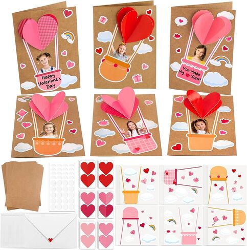 24 Pack Valentine's Day DIY Card Making Kit for Kids 3D Heart Hot Air Balloon Greeting Cards with Envelope Sticker Valentines Craft Card Favors for School Classroom Party Exchange Gift in Saudi Arabia