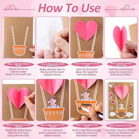 24 Pack Valentine's Day DIY Card Making Kit for Kids 3D Heart Hot Air Balloon Greeting Cards with Envelope Sticker Valentines Craft Card Favors for School Classroom Party Exchange Gift in Saudi Arabia