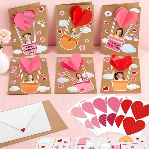 24 Pack Valentine's Day DIY Card Making Kit for Kids 3D Heart Hot Air Balloon Greeting Cards with Envelope Sticker Valentines Craft Card Favors for School Classroom Party Exchange Gift in Saudi Arabia