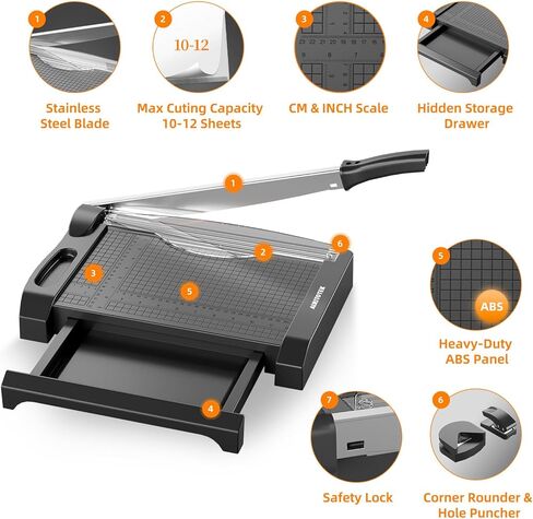 ماكينة تشذيب الورق 3 في 1، ماكينة تشذيب الورق شديدة التحمل 12 بوصة للمكاتب والحرف اليدوية، سعة القطع 10-12 ورقة (أسود) in Kuwait