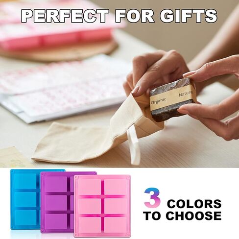 3 Pack Silicone Soap Molds, 6 Cavities Rectangle Silicone Mold, Great for Homemade Craft Soap Mold, Chocolate, Cake Molds ＆ Ice Cube Tray - Just Pop Out（Pink & Blue & Purple） in Kuwait