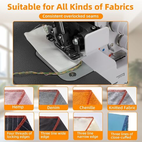 ماكينة سيرجر أوفرلوك مطورة بقدرة 3/4 خيط، ماكينة خياطة بإطار معدني 1250 غرزة/الدقيقة، 12 نمط غرزة، دليل إعادة الخيط، جهاز تحكم بالقدم للمنزل، ضوء LED، أبيض in Kuwait