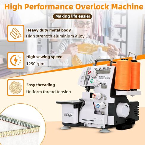 ماكينة سيرجر أوفرلوك مطورة بقدرة 3/4 خيط، ماكينة خياطة بإطار معدني 1250 غرزة/الدقيقة، 12 نمط غرزة، دليل إعادة الخيط، جهاز تحكم بالقدم للمنزل، ضوء LED، أبيض in Kuwait