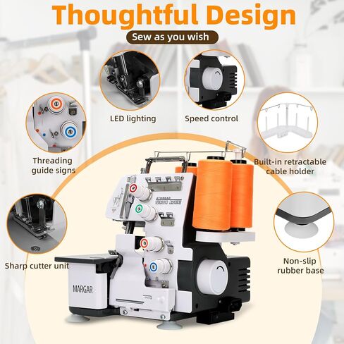 ماكينة سيرجر أوفرلوك مطورة بقدرة 3/4 خيط، ماكينة خياطة بإطار معدني 1250 غرزة/الدقيقة، 12 نمط غرزة، دليل إعادة الخيط، جهاز تحكم بالقدم للمنزل، ضوء LED، أبيض in Kuwait