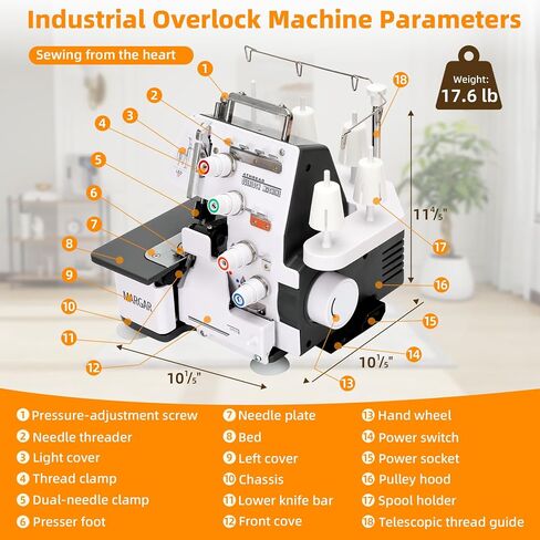 ماكينة سيرجر أوفرلوك مطورة بقدرة 3/4 خيط، ماكينة خياطة بإطار معدني 1250 غرزة/الدقيقة، 12 نمط غرزة، دليل إعادة الخيط، جهاز تحكم بالقدم للمنزل، ضوء LED، أبيض in Kuwait