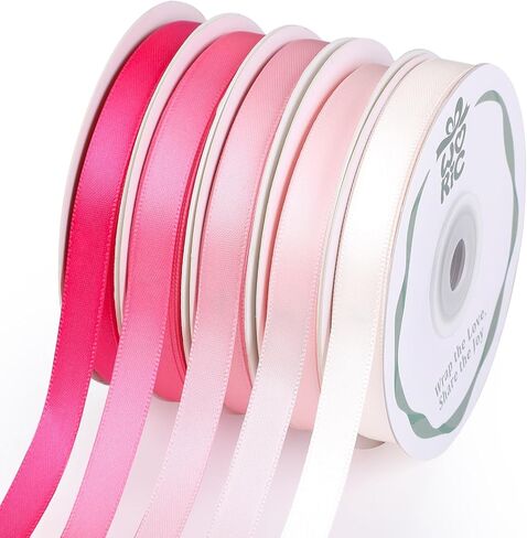 Double Faced Pink Satin Ribbon 3/8 Inch x 5 Rolls Total 50 Yards, 10 Yd/Roll Craft Thin Ribbon for Easter Gifts Decorations Flower Bouquet Gift Wrapping Hair Bows Baby Bridal Shower Wedding in Kuwait