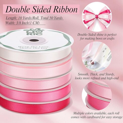 Double Faced Pink Satin Ribbon 3/8 Inch x 5 Rolls Total 50 Yards, 10 Yd/Roll Craft Thin Ribbon for Easter Gifts Decorations Flower Bouquet Gift Wrapping Hair Bows Baby Bridal Shower Wedding in Kuwait