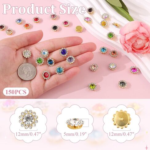 150 PCS 12 MM Sew on Rhinestones for Bedazzling,25 Mixed Colors Crystal Glass Flatback Rhinestones for Crafting，Big Gems with Metal Base, Large Rhinestone for Clothes Thanksgiving Gift Christmas Decor in Kuwait