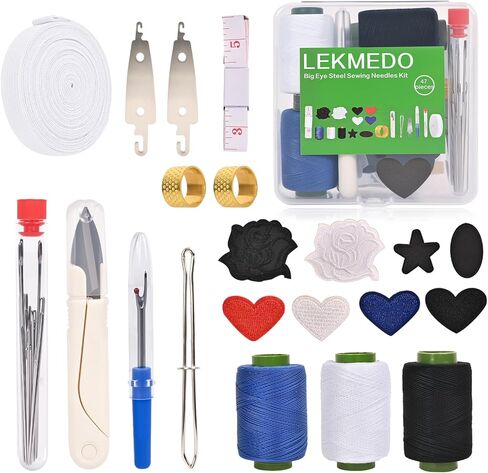47pcs Big Eye Steel Sewing Needles Kit,Portable Steel Needles for Hand Sewing with Threaders,Clothes Repair Patch,Elastic Band,Seam Ripper,Scissors,Measuring Tape,Thimble,Drawstring Threader in Saudi Arabia