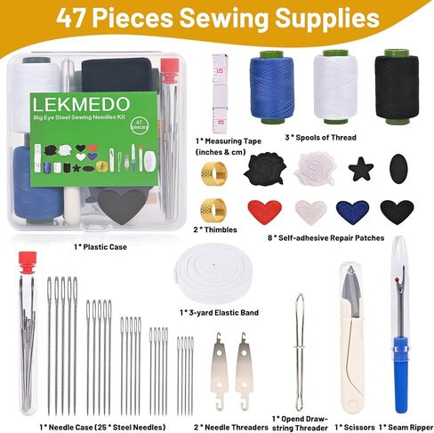 47pcs Big Eye Steel Sewing Needles Kit,Portable Steel Needles for Hand Sewing with Threaders,Clothes Repair Patch,Elastic Band,Seam Ripper,Scissors,Measuring Tape,Thimble,Drawstring Threader in Saudi Arabia