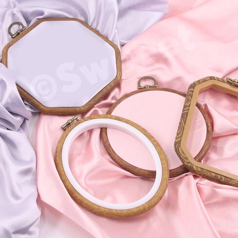 Swpeet 4Pcs 4 Sizes Circle Oval Rectangular Octagonal Embroidery Hoops Kit, Imitated Wood Plastic Display Frame, Cross Stitch Hoop Ring for Art Craft Sewing and Hanging Ornaments Home Decor in Saudi Arabia