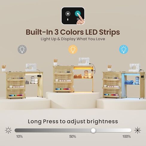 طاولة خياطة ذكية قابلة للطي من HNEBC - مع أضواء LED ومستشعر للحركة، طاولة حرفية مع منفذي تيار متردد ومنافذ USB، مكتب ماكينة خياطة مدمج مع أرفف تخزين و6 عجلات للمنزل (طبيعي) in Kuwait