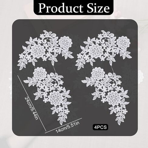 4 قطع من رقع التطريز من الدانتيل، زخارف من الدانتيل الأبيض، زهور ثلاثية الأبعاد من الدانتيل، رقع مطرزة من البوليستر العتيق لصنع الفساتين وحقائب ديكور الزفاف والحرف اليدوية in Kuwait