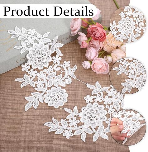 4 قطع من رقع التطريز من الدانتيل، زخارف من الدانتيل الأبيض، زهور ثلاثية الأبعاد من الدانتيل، رقع مطرزة من البوليستر العتيق لصنع الفساتين وحقائب ديكور الزفاف والحرف اليدوية in Kuwait